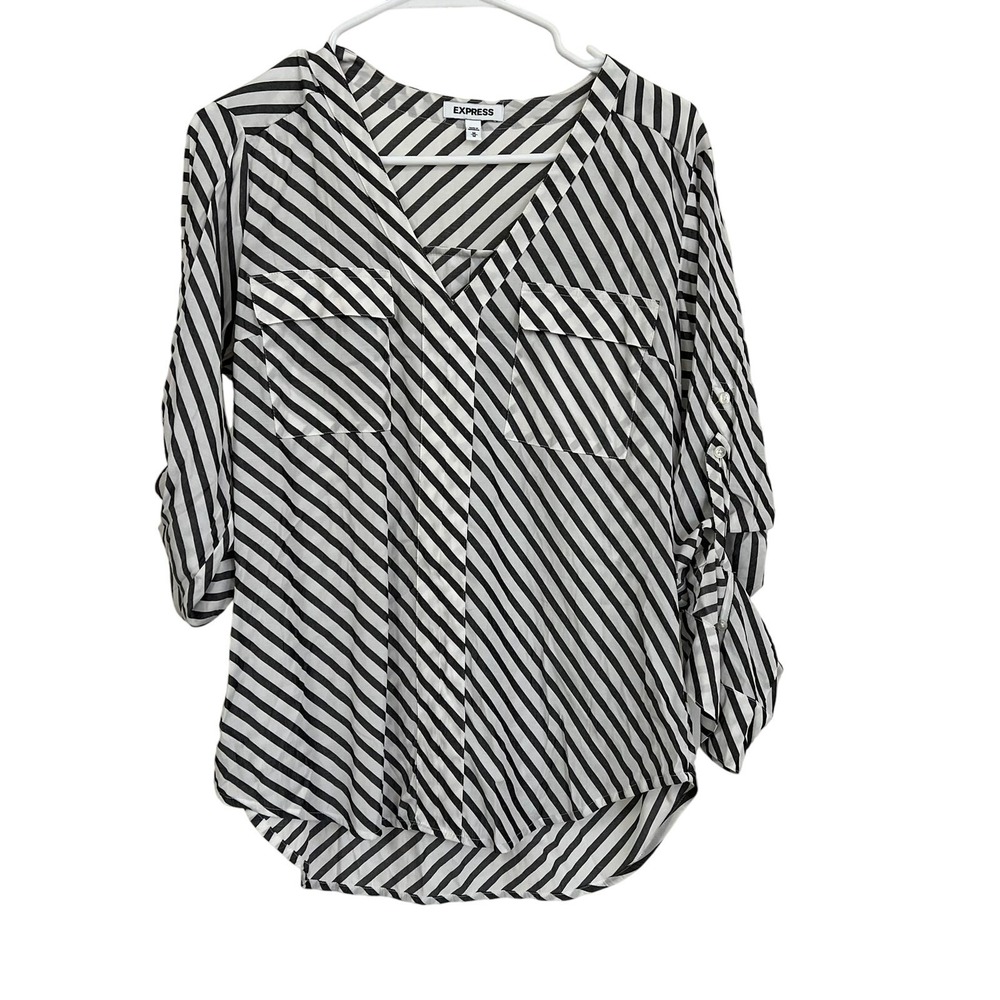 Express Blouse Women's Medium‎ White Gray Striped V Neck Workwear Office Career